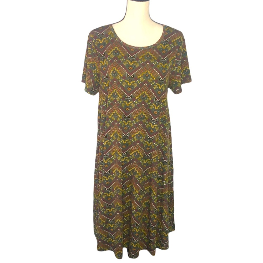 LuLaRoe Aztec Carly Green Yellow Tribal Stretch Swing Trapeze Dress Sz L